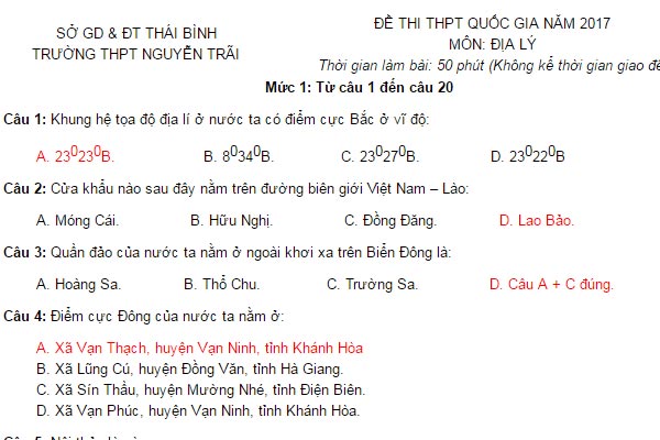 Đề thi thử môn Địa Lý ôn thi tốt nghiệp THPT năm 2017 