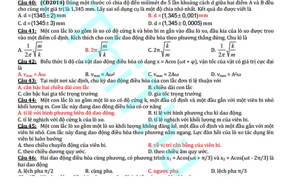 Full 435 câu hỏi ôn thi tốt nghiệp THPT môn Vật Lý có đáp án và file download