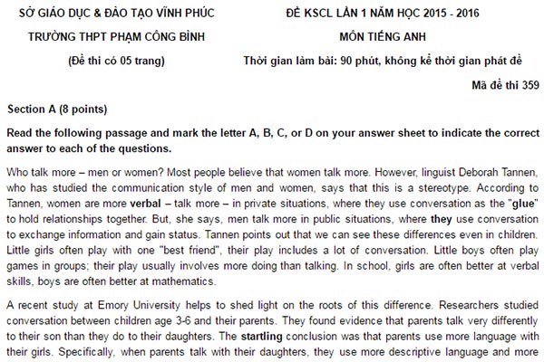 Đề thi thử Môn Tiếng Anh THPT Phạm Công Vinh, Vĩnh Phúc