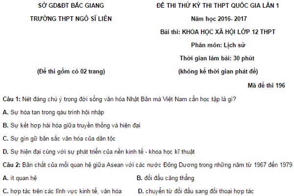 Đề thi thử Môn Lịch Sử có đáp án của trường THPT Ngô Sỹ Liên Bắc Giang