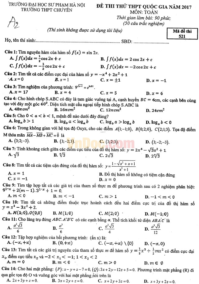 Trọn bồ đề thi thử Môn Toán của Đại Học Sư Phạm Hà Nội Lần 2